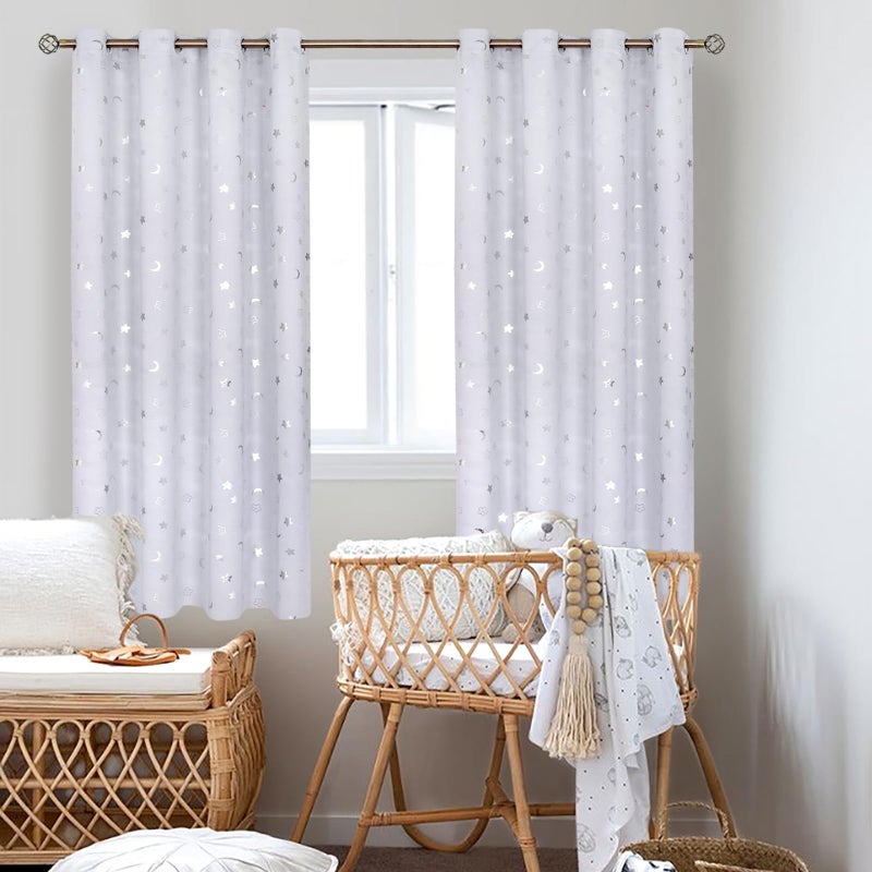 BGment Kids Blackout Curtains for Bedroom 63 Inch Long 2 Panels, Star and Moon Girls Decor Room Darkening Drapes for Nursery Baby Room, Greyish White, 52X63 - Image 2